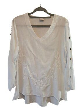 WHITE 100% COTTON GAUZE HI/LOW TUNIC MEDIUM EMBROIDERY CROCHET SLEEVES